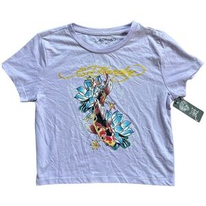 Ed Hardy Vintage Lavender Purple Koi Fish Baby Tee Size Large